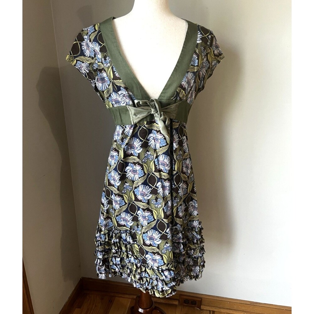 FREE PEOPLE Cotton Sun Dress Floral Print Ruffle Hem Sz 8 V-Neck Green/Brown Tie